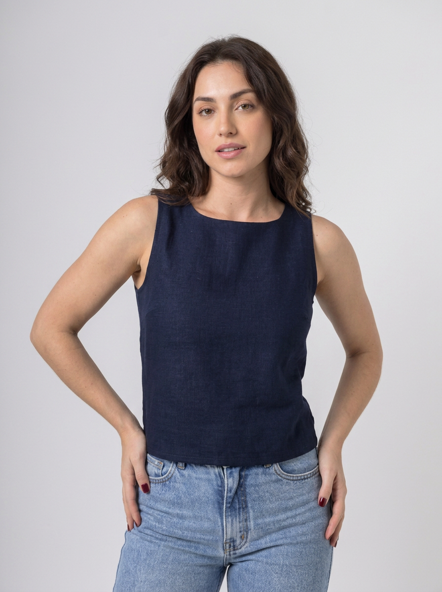 Blusa Regata Alfaiataria em Linho Azul Marinho | Leluce