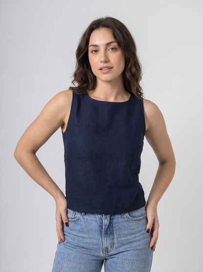 Blusa Regata Alfaiataria em Linho Azul Marinho | Leluce