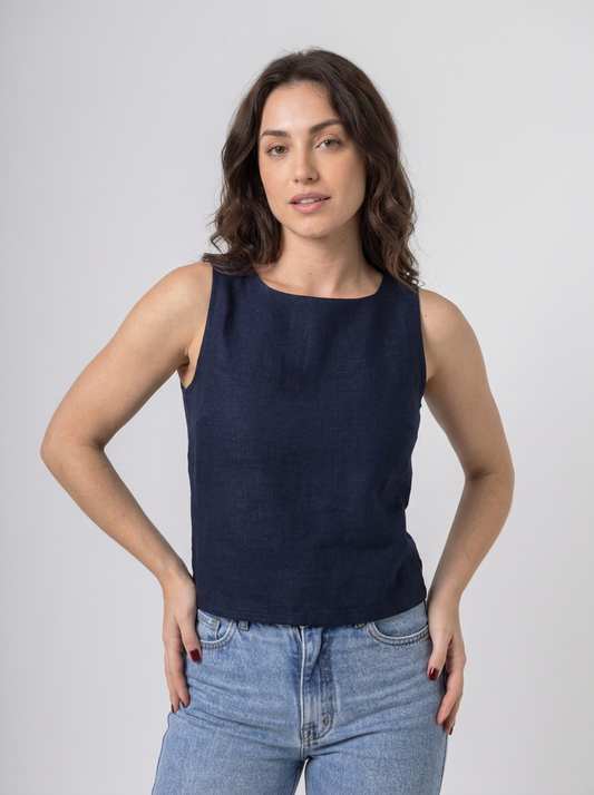 Blusa Regata Alfaiataria em Linho Azul Marinho | Leluce