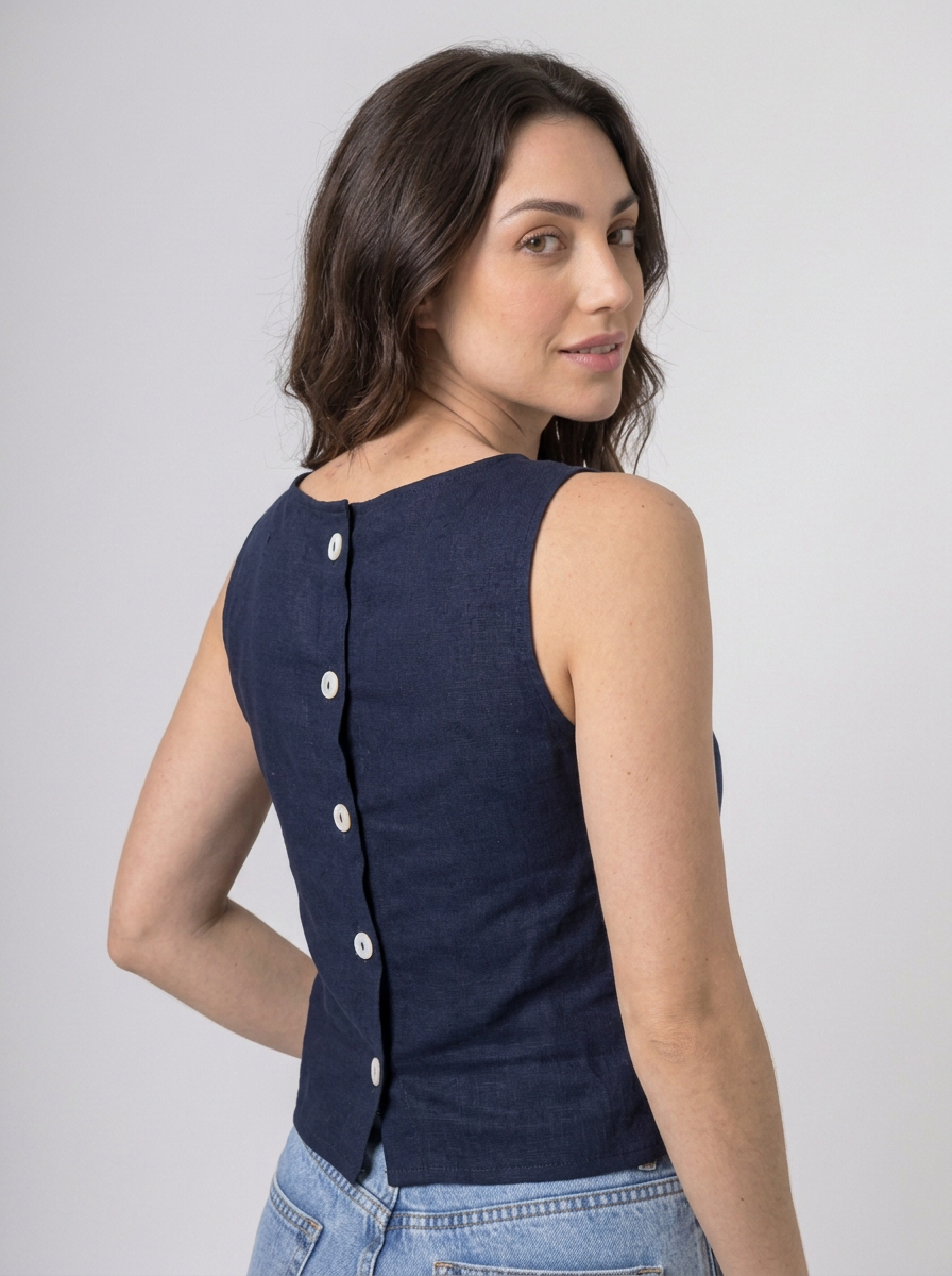 Blusa Regata Alfaiataria em Linho Azul Marinho | Leluce