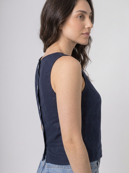 Blusa Regata Alfaiataria em Linho Azul Marinho | Leluce